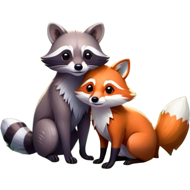 Collage of a raccoon and a fox, in close-up, surrounded by a colorful forest with rich green trees, thick bushes, and vibrant foliage. Sunlight peeks through the branches, casting warm light on the animals. A lively, natural setting with a transparent background. emoji
