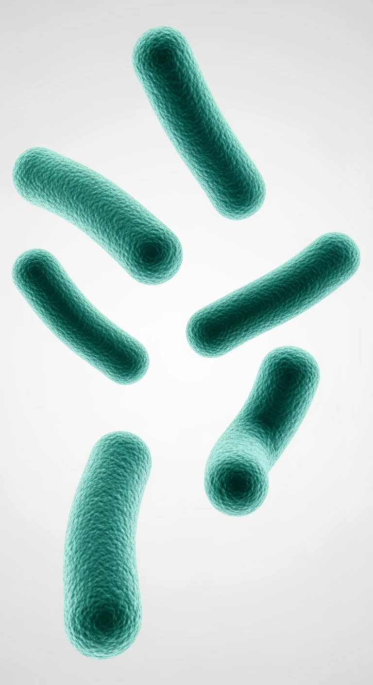 sei batteri intestinali turchesi fluttuano in aria, sfondo bianco, ma iperrealistica 4k emoji