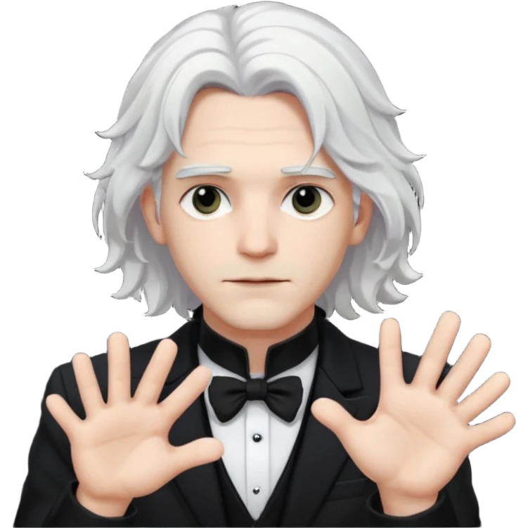 Male Goth with Top Hat
 Wavy shoulder-length hair, white skin, black suit and gloves, pale skin tone, white very long hair emoji