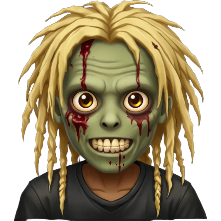 zombie with brown skin, messy gold dreads hair, wide centered brown eyes, dark bloody marks under the eyes, and a smile showing shiny metal teeth,black shirt, giving a distressed, undead look. emoji