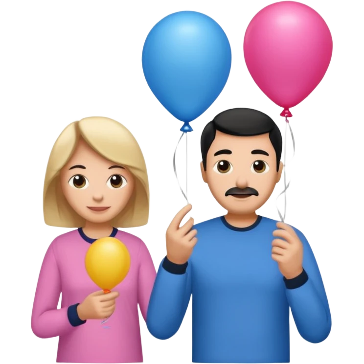 Mom in pink shirt dad in blue shirt holding 1 baloon black emoji