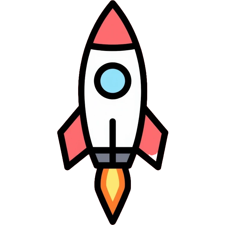 red circular button with rocket ship logo emoji