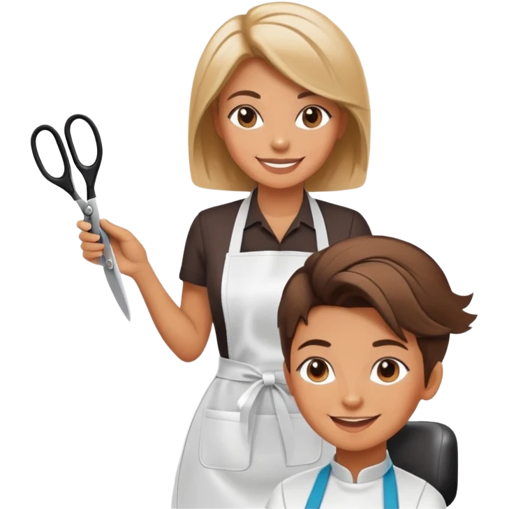 smiling woman in apron sitting in salon chair, smiling female hairstylist behind her with scissors emoji
