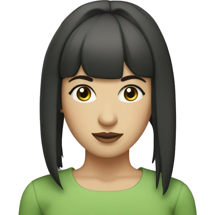 dark haired women with chopped bangs and a bun, west asian appearance, pale skin, green ey emoji