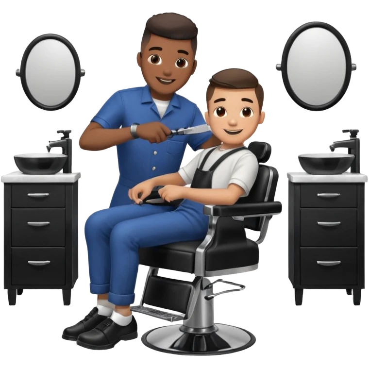 Barber cutting boys hair. Show the boy sat in black barber chair and both having smiles on their faces emoji