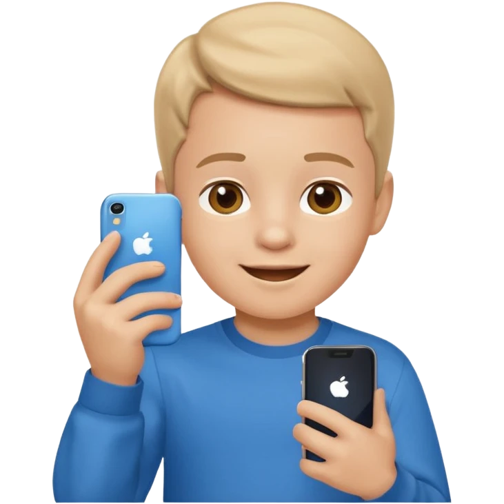 happy little kid with a phone, apple style emoji, wearing a blue shirt, concise style typical of apple emojis emoji