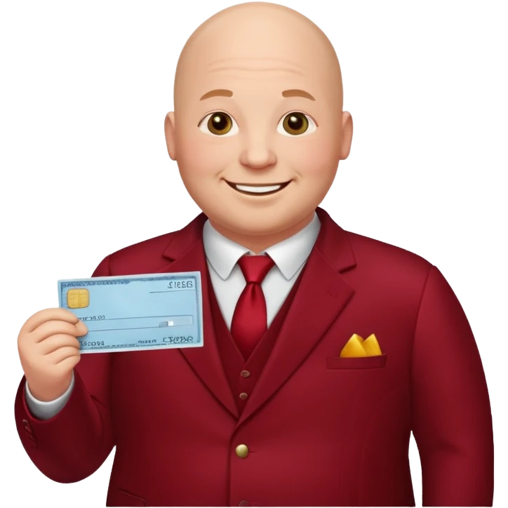fat guy bold head in dark red velvet suit holding cheque emoji