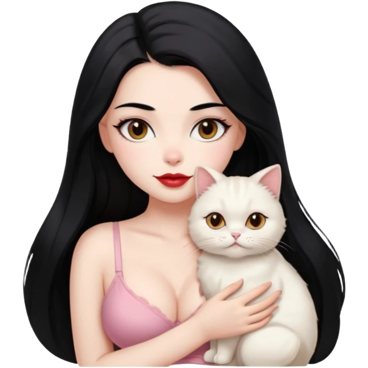 Beautiful Girl Long Hair black, Brows Big , Skin White, bra Pale Pink , Big Red Lips, EyesCoffe , Big hug Little baby Persa Cream Cat With Cute Eyes emoji