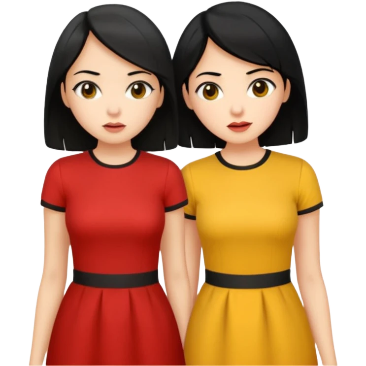 2 girls gossiping secretly. both are fair and have black hair. One has short hair and is tan, one has long hair and is fair. One is wearing yellow, one is wearing red emoji