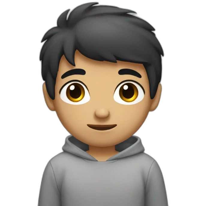 Boy with black hair, medium black eyes with a gray sweatshirt emoji
