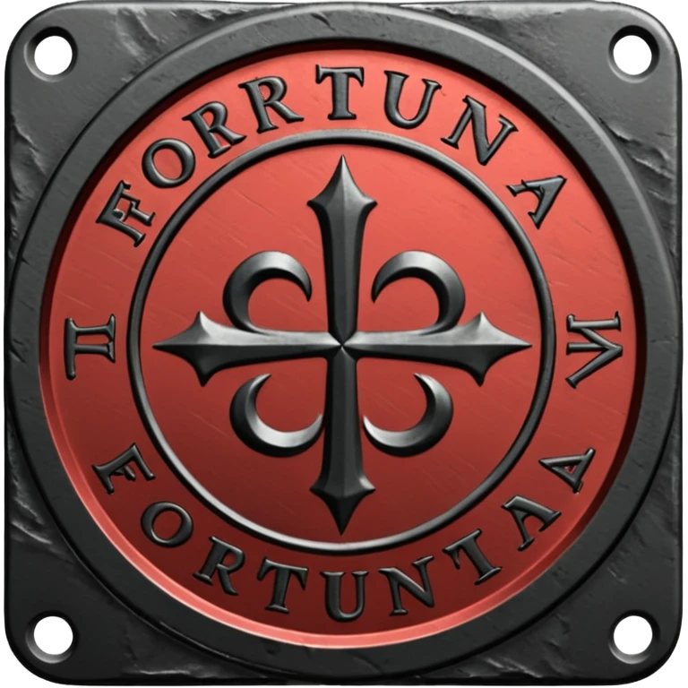 Minimal emoji, gothic metal coin made of black steel, engraved word FORTUNA at the center, ancient industrial aesthetic, worn metal texture, no glow, no neon, flat emoji design, centered, transparent background emoji