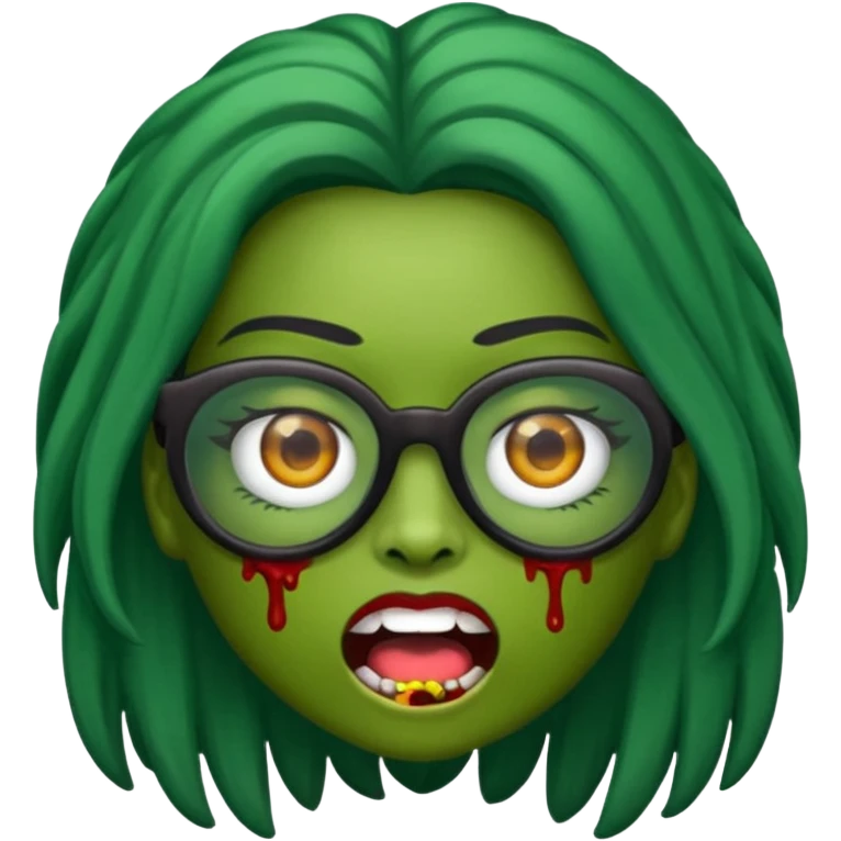 crie um emoji de zumbi feminino, com pele verde, óculos preto e cabelo longo preto emoji