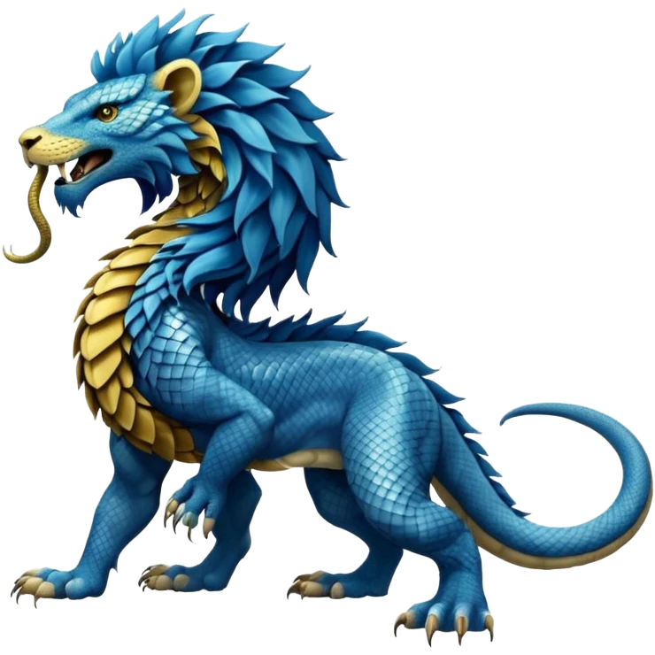 Mušḫuššu, blue scaled serpentine body, lion mane, front lion forelegs, back eagle hind legs, long neck, head split half dragon half lion, lizard tail, snake tongue, no wings, ancient and divine emoji