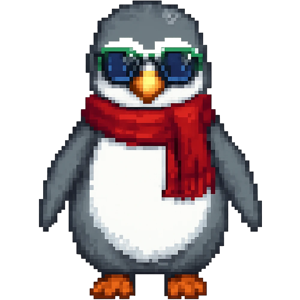 Add a red scarf to the penguin in pixel art style, with no background. Maintain the pixel art aesthetic and details. emoji