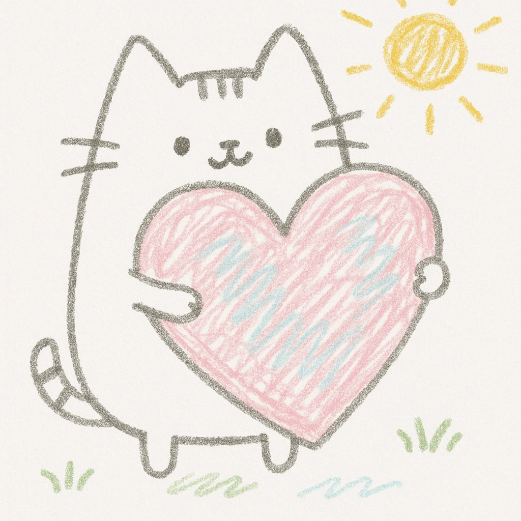 Pusheen hugging a big heart, pastel colors, adorable, children doodle style emoji