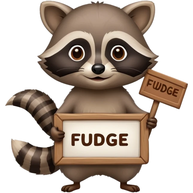 Raccoon holding a sign that says Fudge emoji