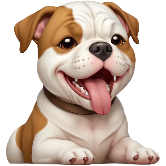 Cinematic Cute Yawning White and Brown American Bulldog Portrait Emoji, Head tilted slightly with a dramatic, wide-open yawn, soft white fur with bold brown patches, floppy ears slightly drooping, round brown eyes barely open in drowsy contentment, Simplified yet irresistibly adorable features, highly detailed, glowing with a soft, cozy glow, high shine, relaxed yet expressive, stylized with a touch of whimsy, bright and endearing, soft glowing outline, capturing the essence of a sleepy yet affectionate pup, so drowsy it feels like it could stretch right out of the screen and curl up for a nap! emoji