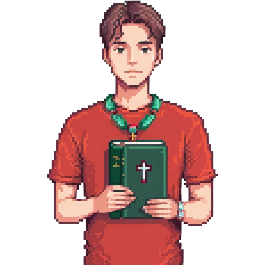 man with clean haircut, wearing a red shirt and cross necklace, holding a book emoji