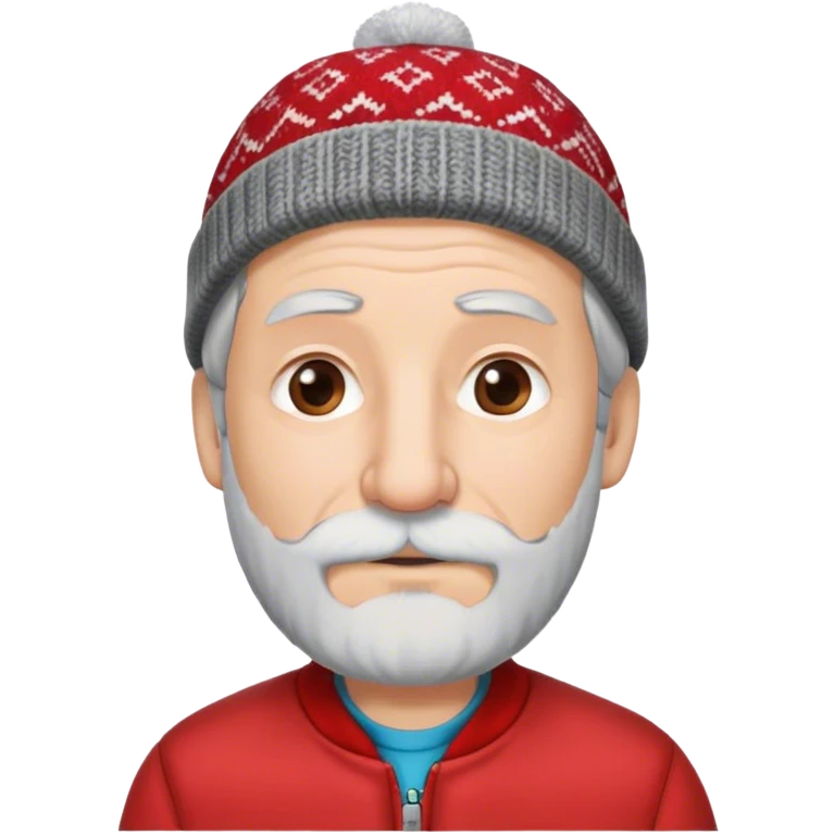 Older man with gray hair small beard and big nose with a patterned beanie on wearing red jacket emoji