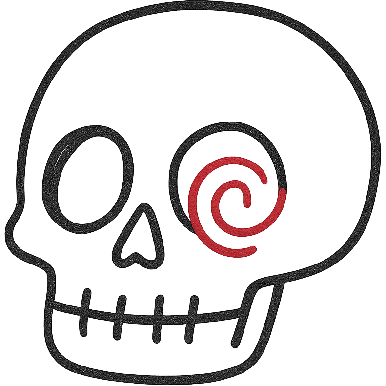 Add a red spiral to the cheek of the skull, keep the hand drawn style with bold lines, no fill, preserve transparent background. emoji