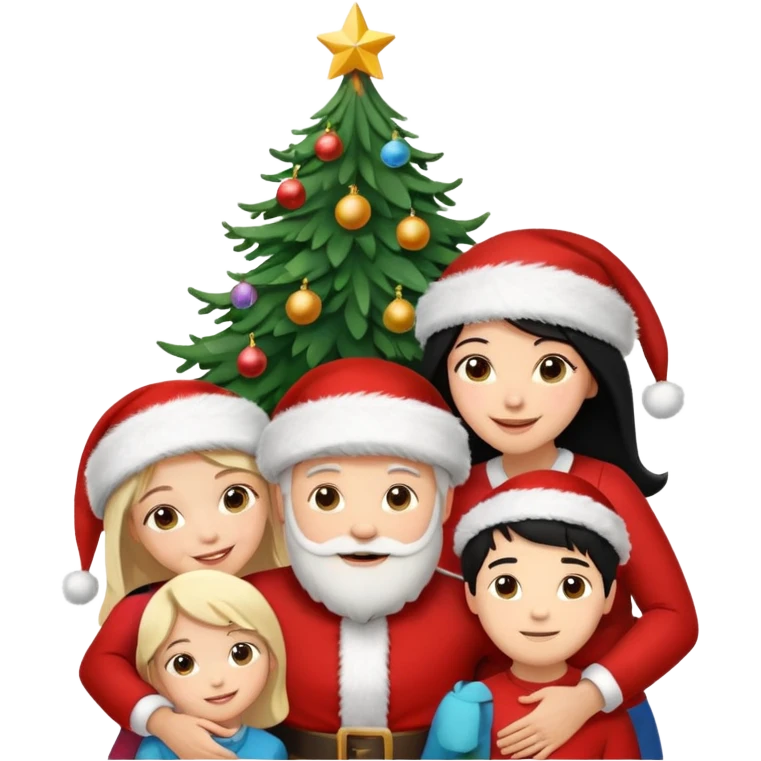 Generate Christmas-style emojis  family. Where light-skinned people stand near the tree all together, hugging and smiling.  girl should be Light-haired woman, woman, black-haired woman, and 1 man . Add 4 people: Mother, Sister, Sister, Brother  emoji