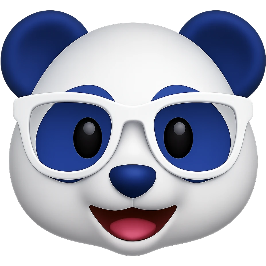 Create a 3D emoji of a panda face inspired by the classic panda emoji style but with a white and #002FA7 blue color scheme instead of white and black. The panda should wear stylish white designer glasses. Keep the look playful and modern, with a smooth 3D finish and no background. The style should resemble a smooth 3D emoji look. emoji