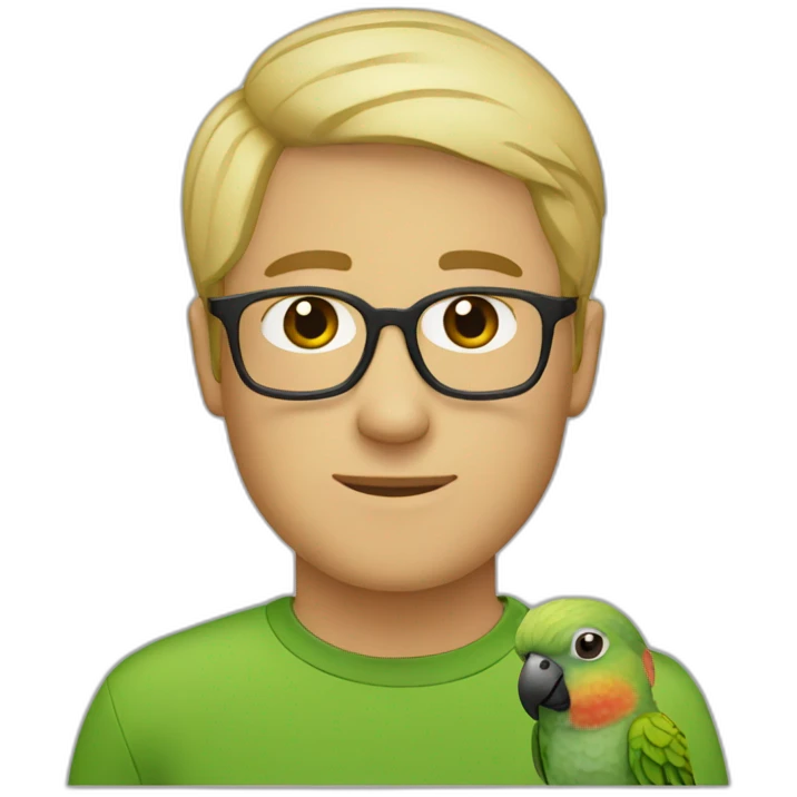short-haired blonde man with glasses and a green cheeked conure on his shoulder emoji