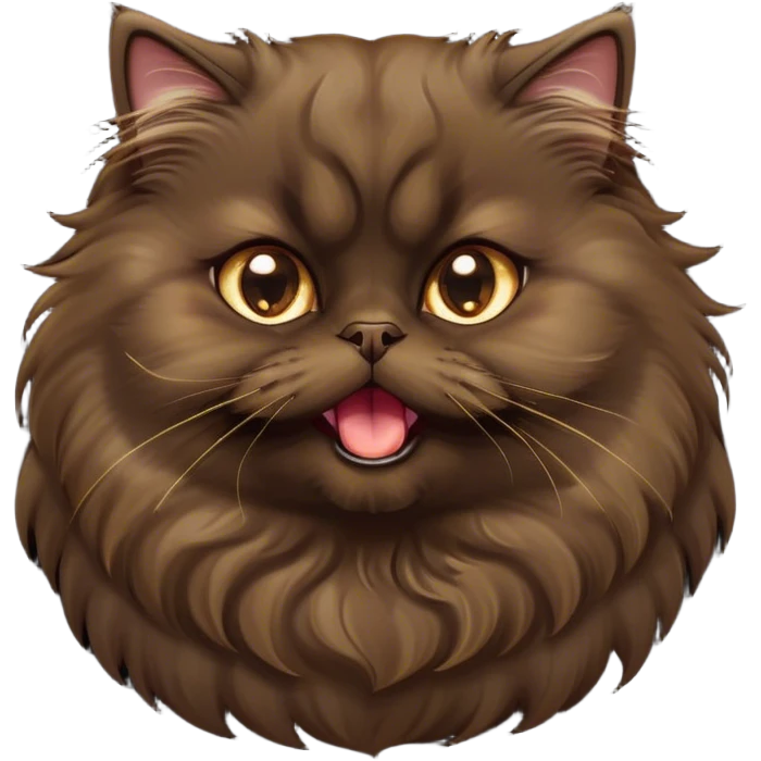Cinematic Adorable Big-Eyed Fluffy Dark Brown Persian Cat Portrait Emoji, Head tilted playfully with a cute, exaggerated yawn, fluffy dark brown fur with rich caramel and gold undertones, Simplified yet irresistibly cute features with large, expressive eyes, highly detailed, glowing with a warm and gentle glow, high shine, a mix of affectionate and sleepy, stylized with a touch of whimsy, bright and full of charm, soft glowing outline, capturing the essence of a fluffy, loving kitty yawning in the most adorable way, so endearing it feels like it could leap out of the screen and stretch out for a cuddle! emoji