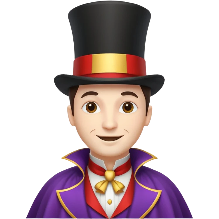 circus magician portrait, head and shoulders only, top hat, cape collar, confident smile, magical vibe, 3D cartoon, mobile game icon style, clean background, no text, no watermark
 emoji