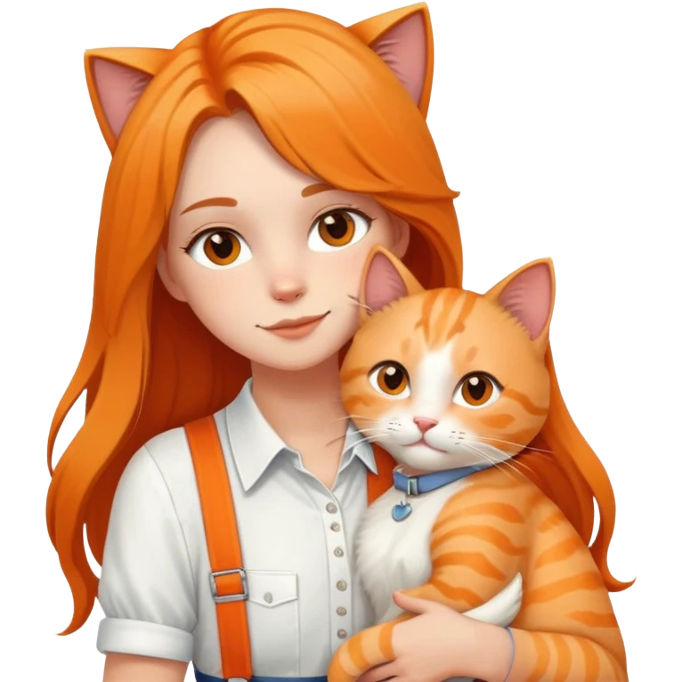 White girl - long hair - white suspenders - hugging - a orange cat emoji