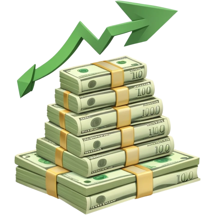 upward arrow next to a growing stack of cash money bills, financial growth emoji