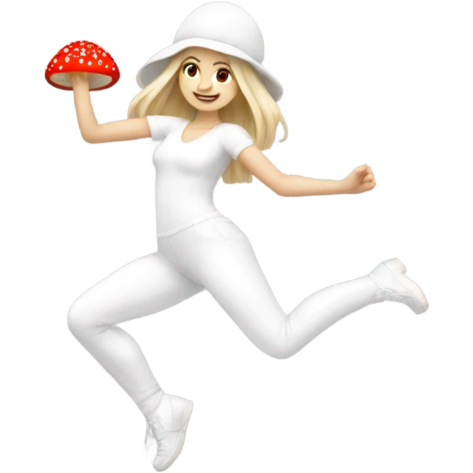 White Girl wearing an all white dancing outfit dancing with a red and white mushroom  emoji