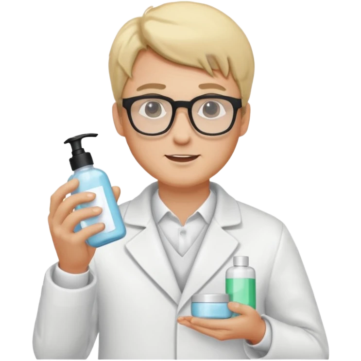 blonde man with white coat and glasses holding skincare products emoji