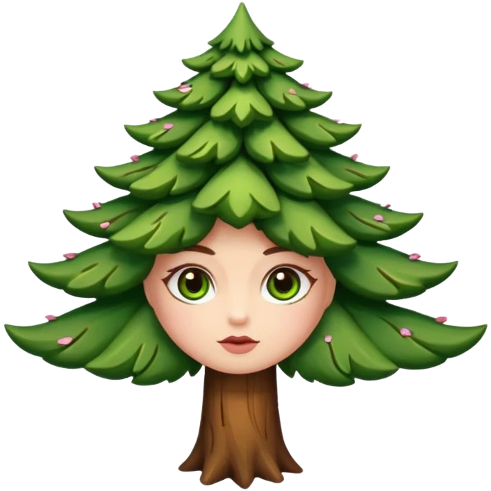 Petit sapin vert sylvestre, féminin, regard malicieux, tâches de rousseurs délicates, joues roses. Yeux de biche brillants en forme amande, yeux couleur ambre, tronc couleur acajou. Sapin en mouvement, incurvé pour un effet vivant. emoji