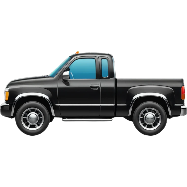 A simple emoji-style icon of a black pickup truck driving on a road with motion lines behind it, viewed from the side, shiny black color with chrome details, minimal flat design, vibrant colors, transparent background emoji