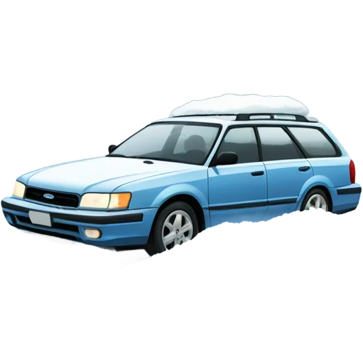Snow, Light Blue 1990 Subaru legacy wagon stuck in a snowy ditch emoji