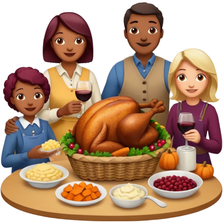 Thanksgiving Dinner with 10 people of different skin color around the table; have the food be a cooked turkey, mashed potatoes, corn, a basket of biscuits, a small bowl of cranberry sauce, baked yams, steamed vegetables, and a bottle of wine. emoji