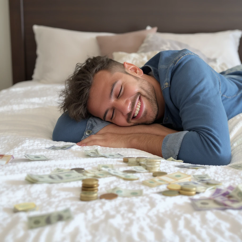 happy person napping on mattress of money emoji