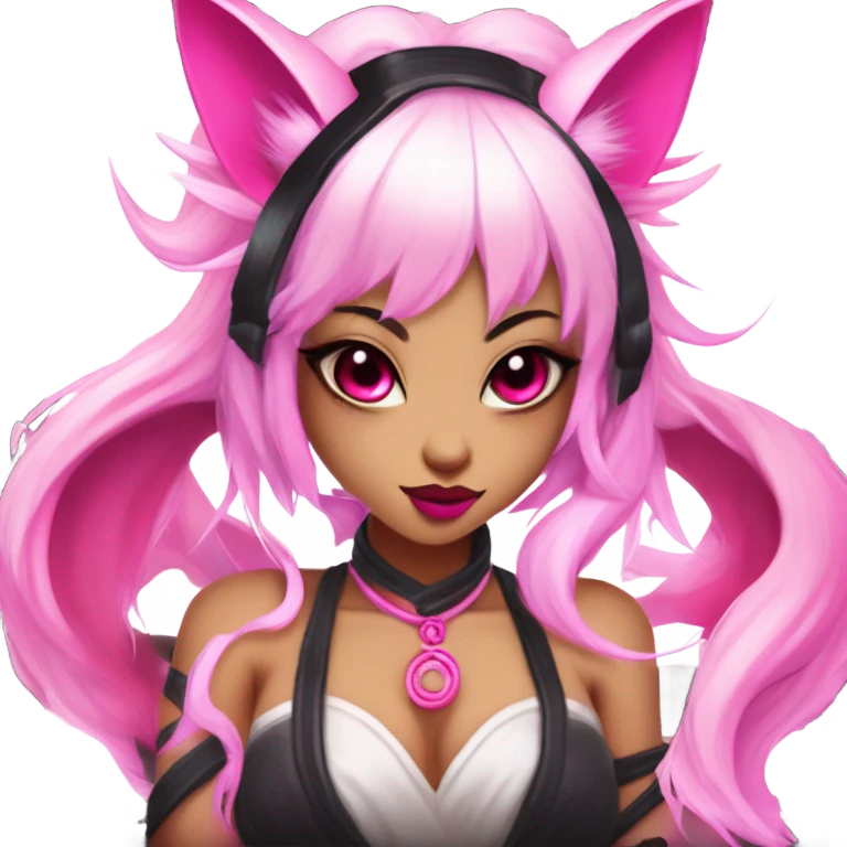 gender: female, succubus kitsune, neon pink eyes, vibrant pink hair, alabaster skin, voluptuous, athletic, fluffy black tails, pink tail tips, spiked choker, unique heritage, seductive charm, rebellious spirit, traditional kimonos, full body view  emoji