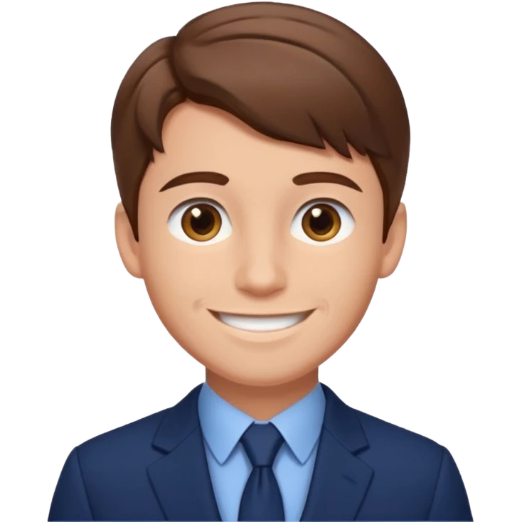 young man with brown hair in a blue navy suit with very detailled face emoji