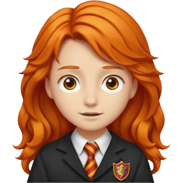 A iphone emoji with long wavy fierce orange hair and hazel eyes, wearing Gryffindor school uniform emoji