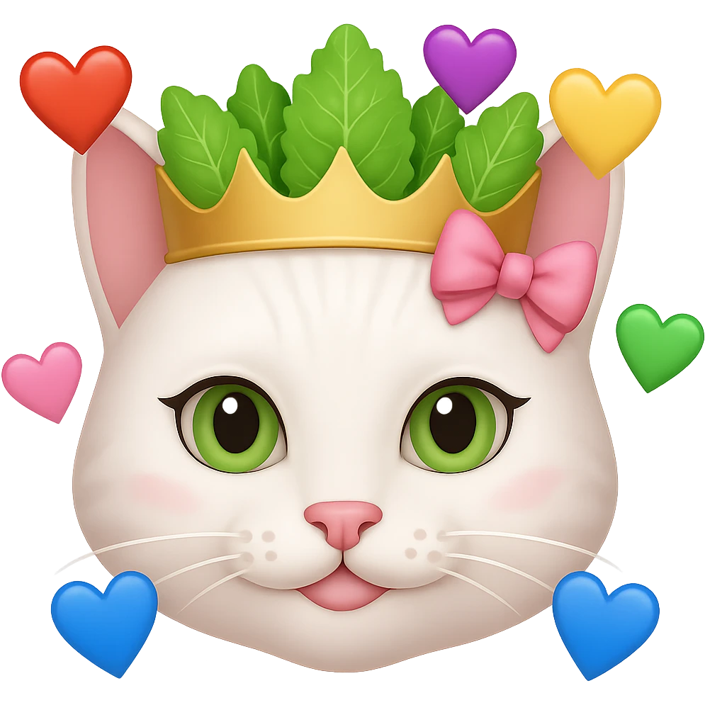 Add hearts around a white cat with a pink bow and a green lettuce crown in emoji style, no background. emoji