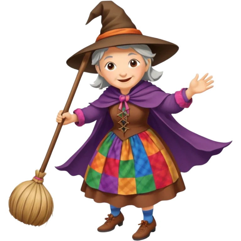 Befana flying on a broomstick: friendly old witch with a warm smile, big nose, rosy cheeks, wearing a colorful patchwork dress and shawl, riding a classic wooden broom. emoji