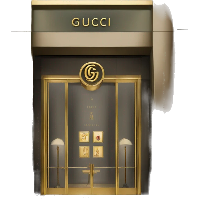 “Gucci store exterior with gold logo above entrance, large glass windows displaying luxury fashion, and elegant double doors.” emoji