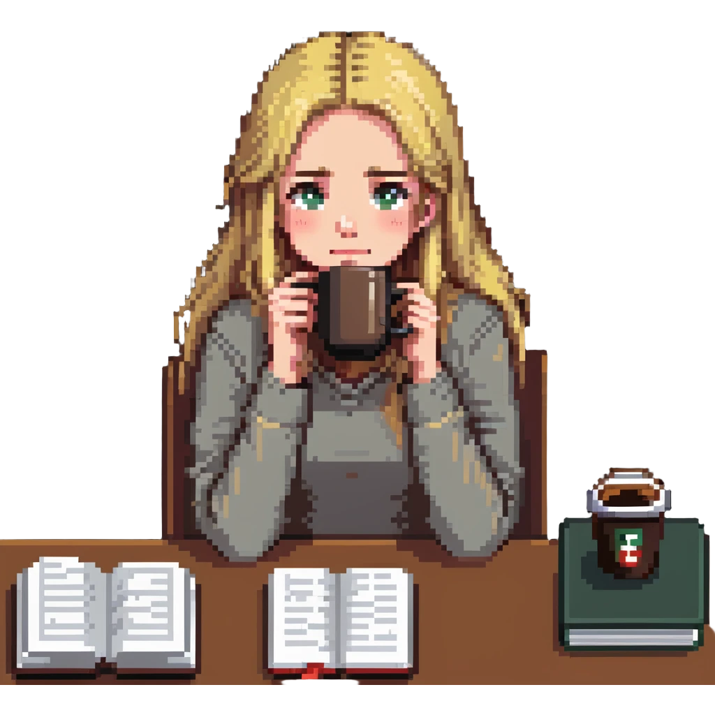 blonde straight-haired girl in survival mode, slouched at desk with coffee and textbooks, exhausted expression, last month of school emoji