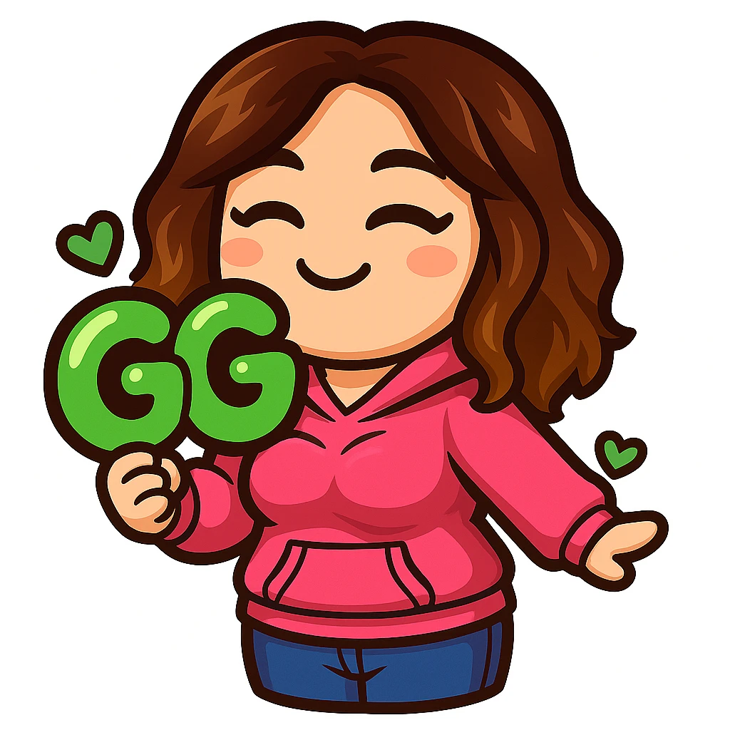 Sticker style chibi emote, matching the attached green heart emote as a base, but with a slightly skinnier body and a bigger chest. Woman from reference, pink hoodie and blue jeans, holding a large, bubbly 'GG' sign with hearts, cute happy face, no headband, no wand, transparent background. Top color should not match jeans. emoji
