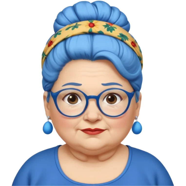 fat old woman with blue big bun hair and glassess and headband, no earrings emoji