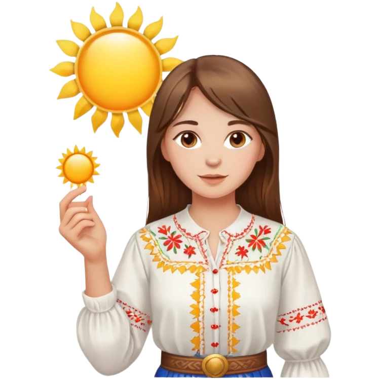 Young Ukrainian girl with brown hair wearing a white embroidered traditional shirt holding a bright sun in her hand emoji
