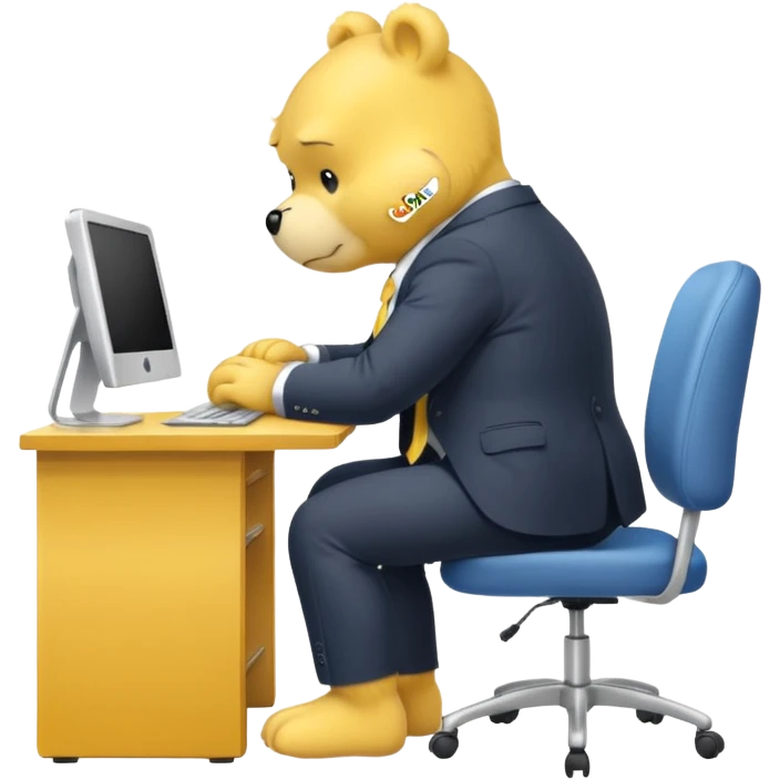 Yellow Care bear sad in suit back view, sit on a chair, working on a computer, with a big desk emoji