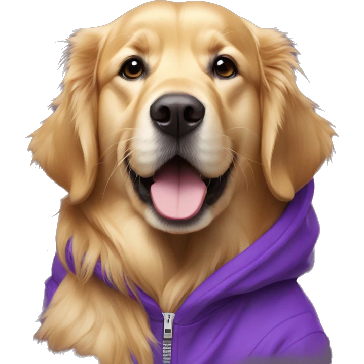 golden retriever in purple hoodie. Write Suman on hoodie in white letters emoji